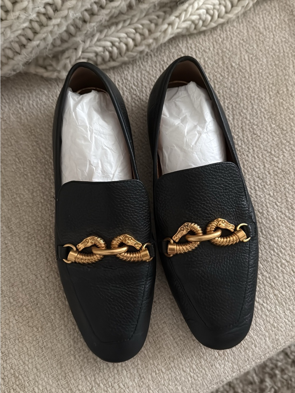 Tory Burch Black Leather Loafers with Gold Snake-Link Bit